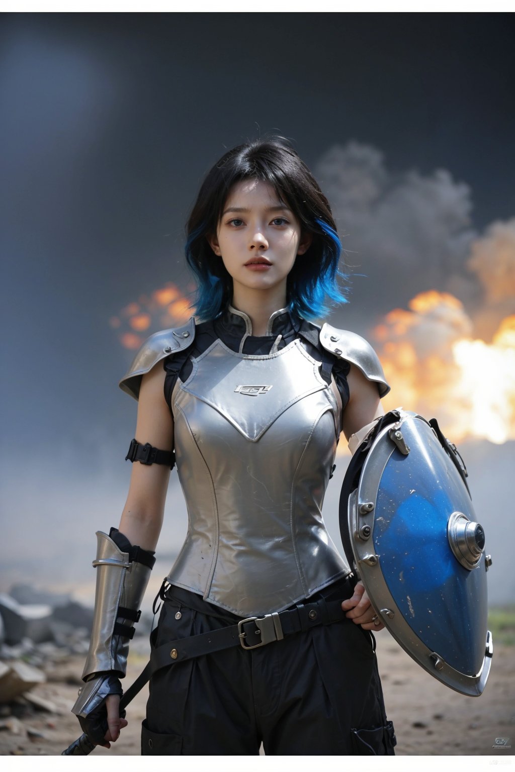 1girl, black hair, futuristic weapon, in combat, dynamic pose, intense expression, detailed eyes, (leather armor:1.3), glowing weapon, (energy shield:1.2), battlefield background, destroyed buildings, smoke, explosions in distance, (neon accents:0.8), high contrast lighting, (cinematic composition:1.5), wide-angle lens, best quality, masterpiece.