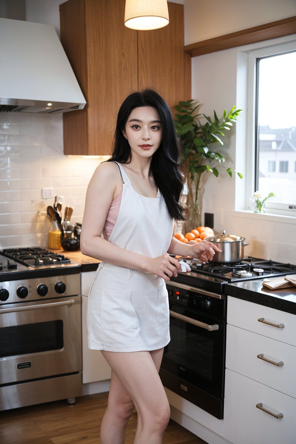 1girl, cooking, black hair, young, sexy, wearing apron, (beautiful detailed eyes:1.2), (cute smile:0.9), kitchen, stove, pots and pans, steam rising, chopping vegetables, (detailed fingers:1.3), focused expression, light blush, white tank top, short denim shorts, bare feet, (ambient light in kitchen:1.1), homely atmosphere, vivid colors, high-definition, realistic textures, (wide-angle lens:1.0), best quality, masterpiece.