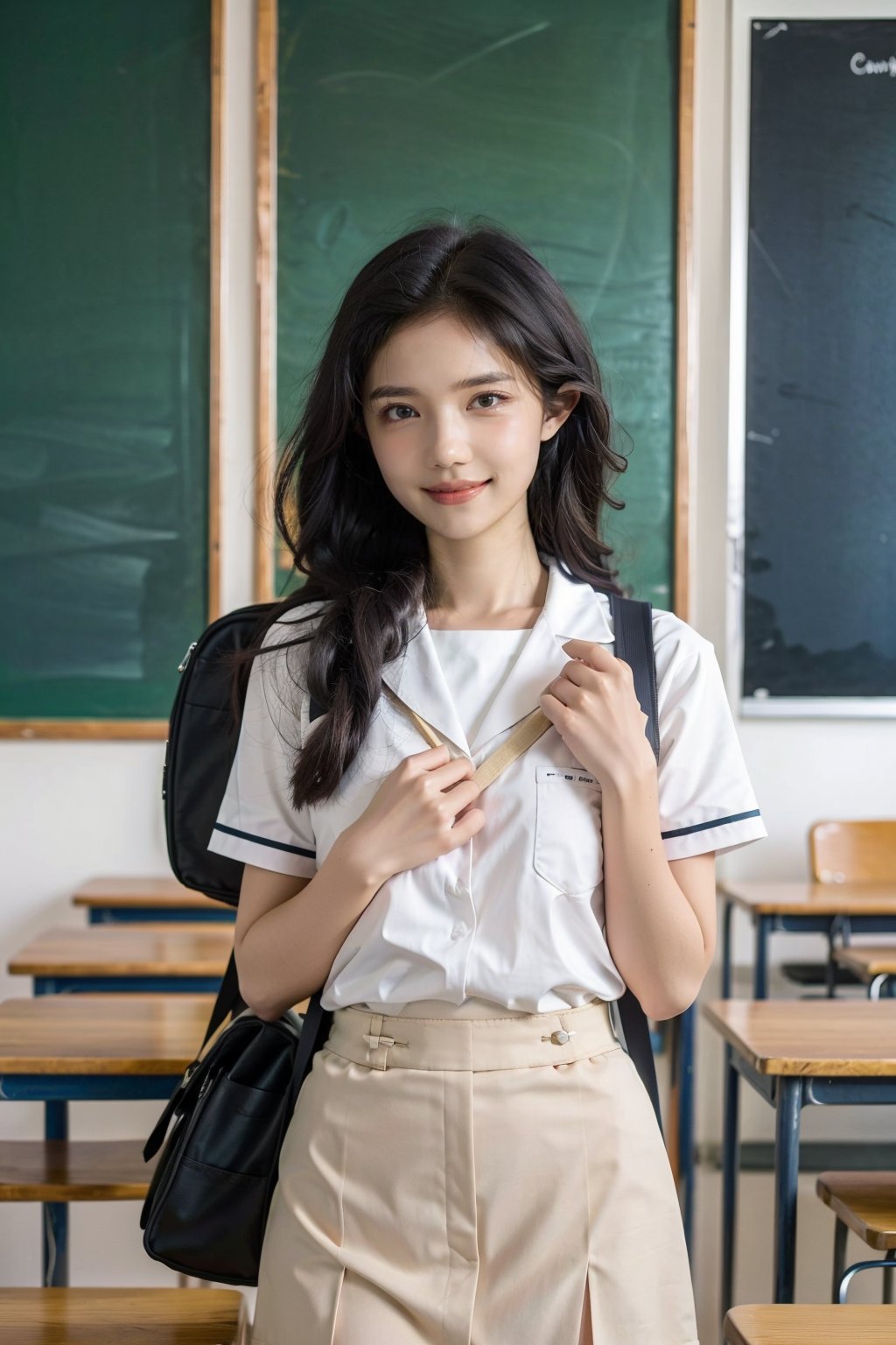 1girl, school uniform, beautiful, black hair, long hair, detailed eyes, looking at viewer, classroom setting, desk, smile,books, chalkboard, sunlight from window, (school bag:1.2), (uniform:1.3), high quality, masterpiece