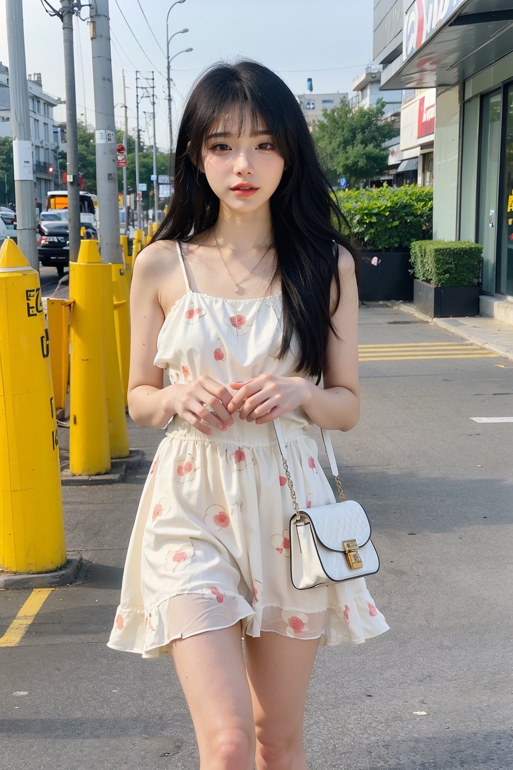 1girl, beautiful, black hair, long hair, detailed eyes, (18yo), elegant, shopping, street fashion, summer outfit, floral dress, white, sandals, carrying a bag, sunny day, city backdrop, pedestrians, urban, vibrant colors, realistic style, ambient light, (cinematic composition:1.2),best quality, masterpiece.