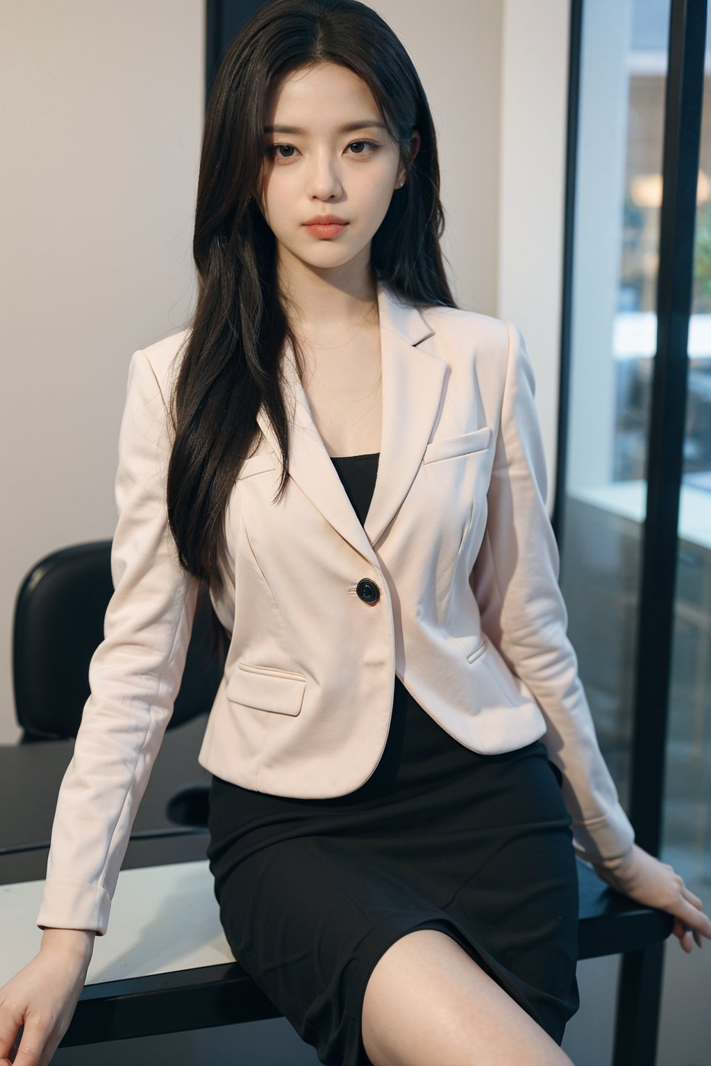 1girl, office lady, solo, (20yo), beautiful, detailed eyes, black hair, long hair, professional attire, suit jacket, pencil skirt, high heels, sitting at desk, computer on desk, office environment, modern interior, window view, sunlight, beautifully detailed background, depth of field, realistic, ambient light, (cinematic composition:1.3), HDR, Accent Lighting, wide-angle lens, best quality, masterpiece