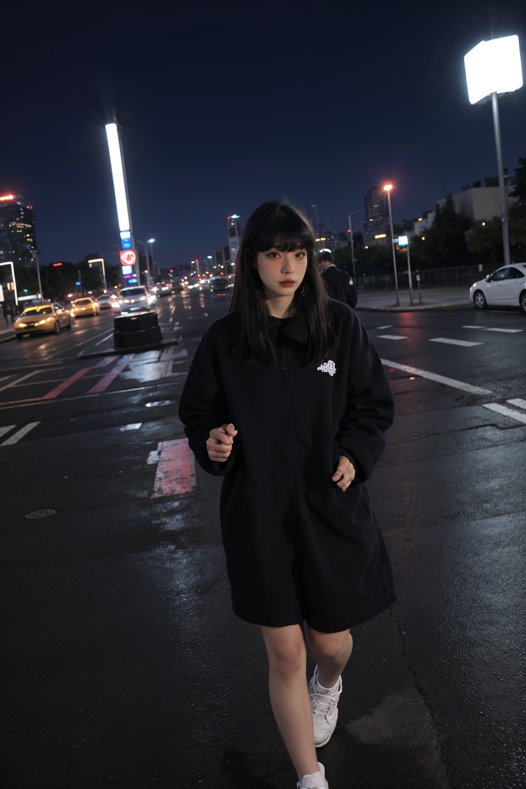 1girl, beautiful, black hair, long hair, solo, (18yo), (athletic, running), city background, urban landscape, skyscrapers, streets, night time, streetlights, dynamic pose, flowing dress, determined expression, high-quality sneakers, neon signs, reflections on wet pavement, ambient city lights, depth of field, realistic, (cinematic composition:1.3), wide-angle lens, best quality, masterpiece