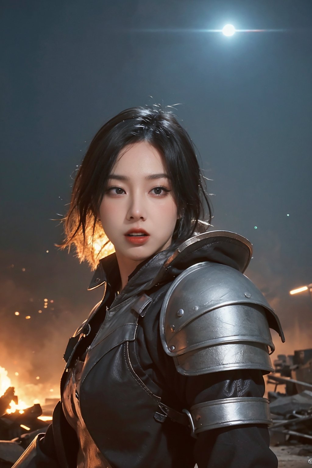 1girl, black hair, futuristic weapon, in combat, dynamic pose, intense expression, detailed eyes, (leather armor:1.3), glowing weapon, (energy shield:1.2), battlefield background, destroyed buildings, smoke, explosions in distance, (neon accents:0.8), high contrast lighting, (cinematic composition:1.5), wide-angle lens, best quality, masterpiece.