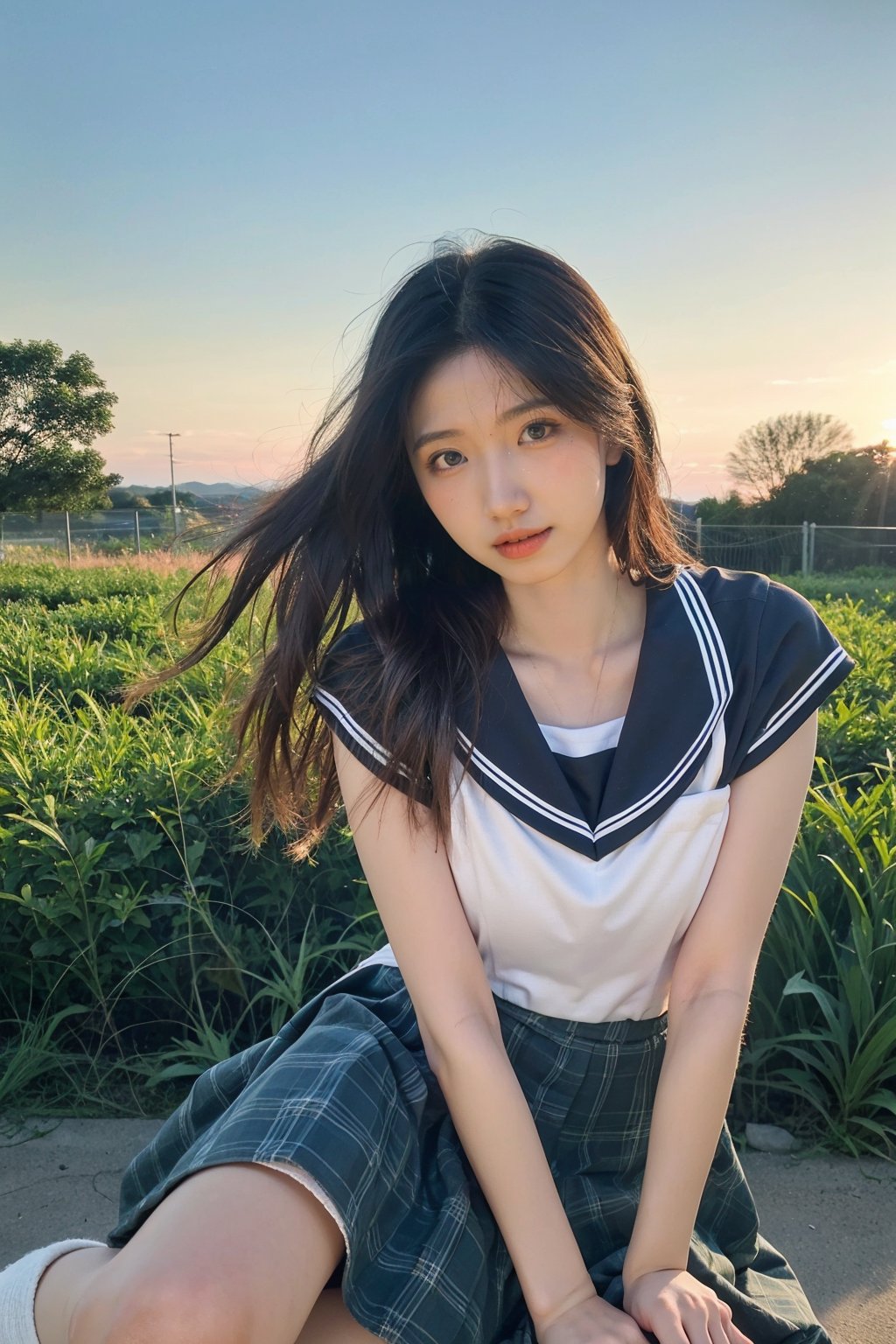 1girl, beautiful, black hair, long hair, fallen, grass field, (blue dress:1.2), white socks, school uniform, injured, looking at viewer, tears, light blush, beautifully detailed eyes, sunset background, orange and pink sky, depth of field, realistic, ambient light, (cinematic composition:1.3), soft focus, HDR, best quality, masterpiece