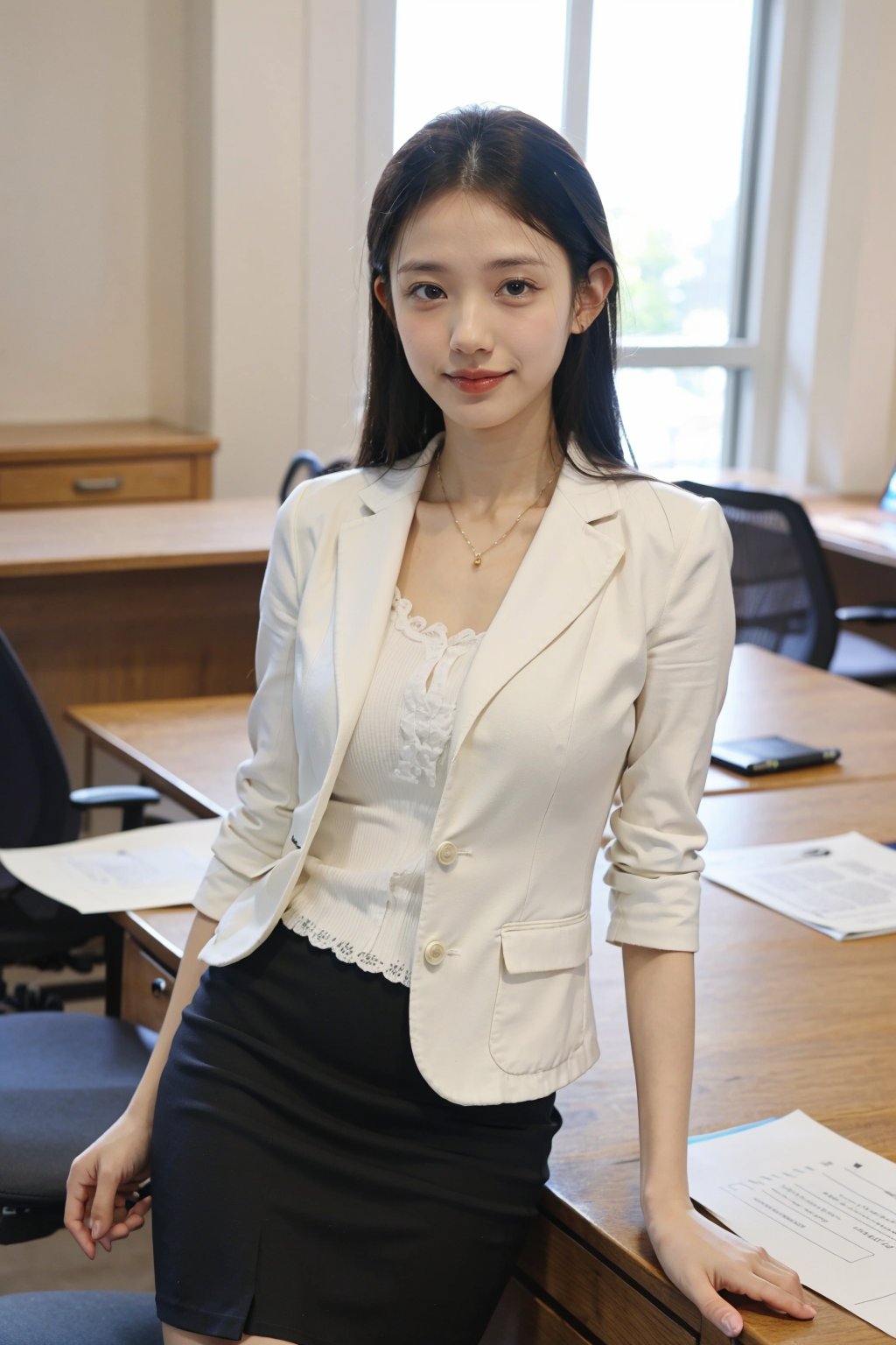 1girl, office lady, solo, (20yo), beautiful, detailed eyes, black hair, long hair, professional attire, suit jacket, pencil skirt, high heels, sitting at desk, computer on desk, office environment, modern interior, window view, sunlight, beautifully detailed background, depth of field, realistic, ambient light, (cinematic composition:1.3), HDR, Accent Lighting, wide-angle lens, best quality, masterpiece