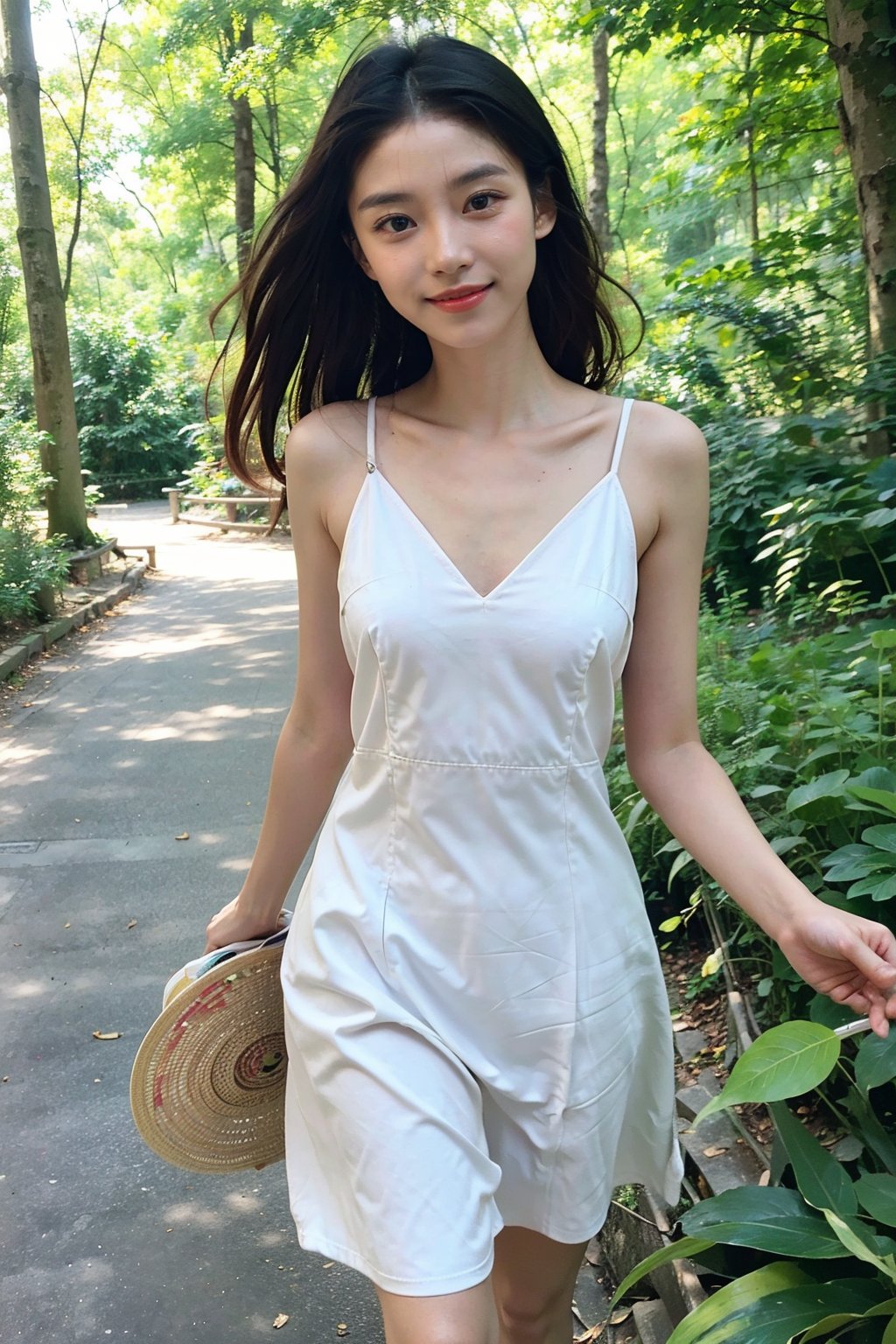 1girl, beautiful, solo, (17yo), stunning black hair, long hair, detailed eyes, walking in forest, green trees, sunlight filtering through leaves, colorful wildflowers, peaceful atmosphere, serene expression, flowy summer dress, barefoot, natural makeup, surrounded by nature, vibrant colors, depth of field, realistic, ambient light, (cinematic composition:1.2), wide-angle lens, best quality, masterpiece.