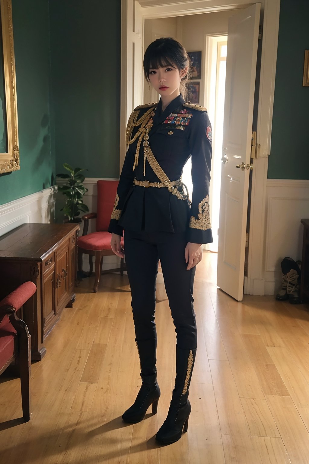 1girl, black hair, young, military general, full-body portrait, detailed uniform, (golden embroidery:1.2), epaulettes, (rank insignia:1.3), sharp eyes, determined expression, standing posture, holding a sword, (sword details:1.1), leather boots, (boot details:1.05), background suggestive of a war room, maps, strategy papers, dim lighting, realistic, depth of field, (cinematic composition:1.3), high resolution, best quality, masterpiece.