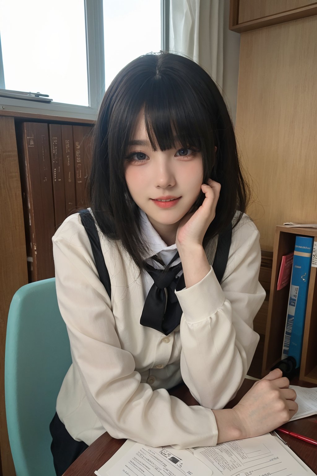 1girl, black hair, school, classroom, smiling, (20yo), beautiful detailed eyes, casual school uniform, sitting at desk, books, pencils, looking at viewer, natural light, detailed background, depth of field, realistic, ambient light, cinematic composition, best quality, masterpiece.