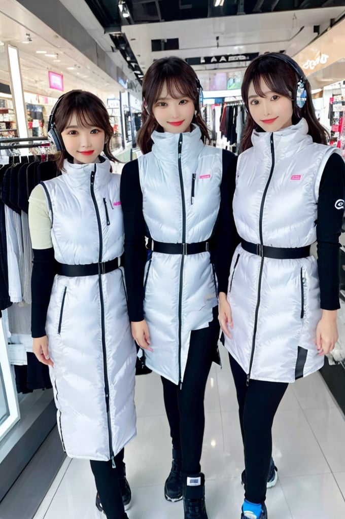 masterpiece, Highest quality, Very detailed, 8K Portrait, Japanese idol women,2womens,group shot, Plump, Portrait Shot, Futuristic space colony shopping mall, cyberpunk store style, (inside bright futuristic winter jacket store):1.5, Many astrovest on display,many astrovest ,holographic displays, floating clothes racks, zero-gravity fitting rooms, robotic shop assistants, BREAK (Metallic Gray, Metallic luster, Mirror finish,)(astro_vest):5, futuristic fashion items, smart fabric, BREAK headphone,(black sleeves):100, (Black tights), black belt, waist pouch, BREAK Smart Watches, holographic price tags, virtual try-on stations, BREAK headphone, blue eyes, (Black Hair):2, (Long Hair):1.3, Displaying the viewer, BREAK blush:3, smile, enjoy, excited expression, holding shopping bags, Astrovest branded clothing, BREAK floating mannequins, anti-gravity shoe display, space-themed accessories, BREAK other shoppers in background, futuristic payment systems, neon store signage
