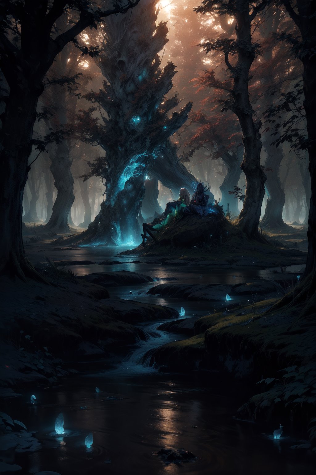 Golden light casts long shadows across alien terrain as three elves stand at forest's edge,  vibrant locks flowing behind...
