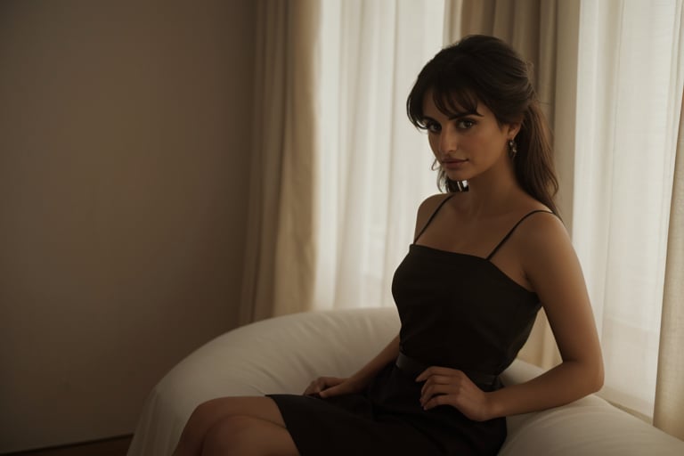 Penelope Cruz in a scene from "Volver", with a simple and elegant look. She is wearing a black cotton dress and her hair is loose and natural. The lighting is soft and warm, creating an intimate and comfortable atmosphere. The image is full of emotion and sensitivity, capturing the delicate beauty of Penelope Cruz.  