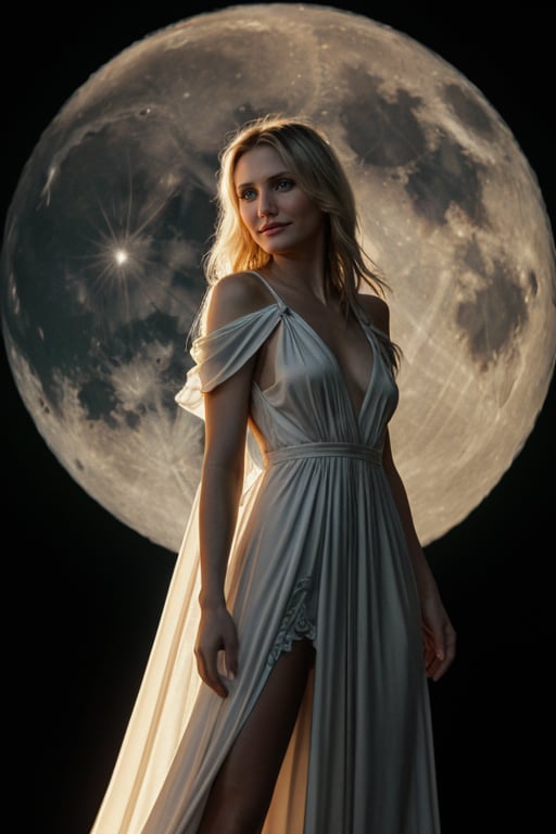 hyperrealistic image of Cameron Diaz in a mysterious and mystical setting. She is wearing a long, flowing dress, and her eyes shine in the dim light. The lighting is intriguing, with reflections of the moon or sun creating a magical effect. The image has a cinematic quality, with a surreal aesthetic and realistic details. 