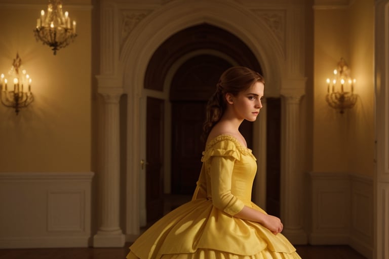 hyperrealistic photo of Emma Watson as Belle, in a classic scene from the movie "Beauty and the Beast", when Belle is in the elegant old hall. She is wearing Belle's yellow dress, with a dreamy and intelligent expression. The image has a cinematic style, with soft lighting and the background of an elegant old ballroom.