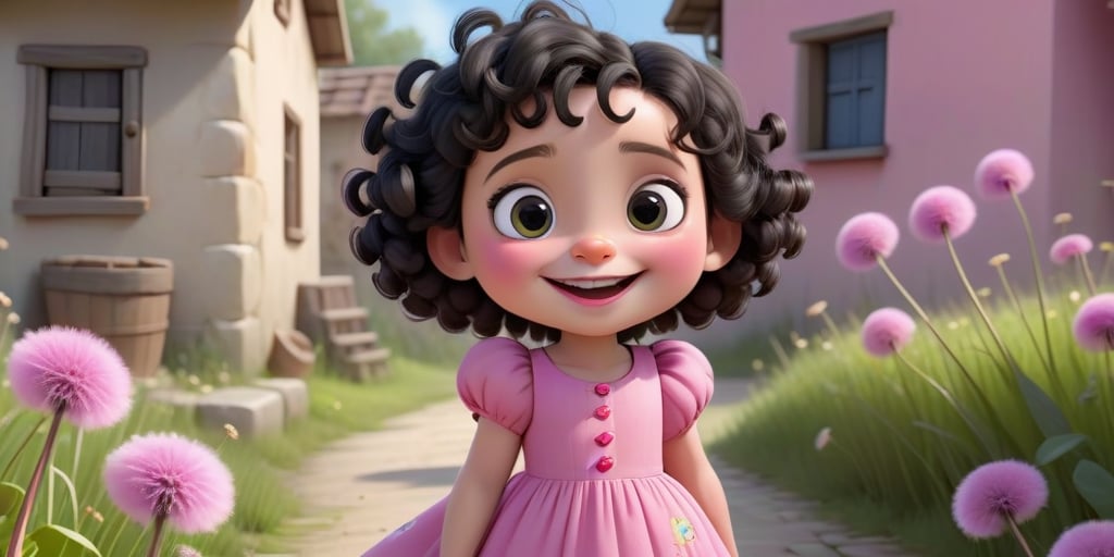 A little girl, featuring short black curls hair framing her heart-shaped face with large, fair skin, expressive black eyes. Her well-defined features include a structured mouth and button nose. She wears a bright pink long dress adorned with dandelion symbol in front,pink shoes,laugh, 3d animation, Disney pixer style. play in a village.,modisn disney