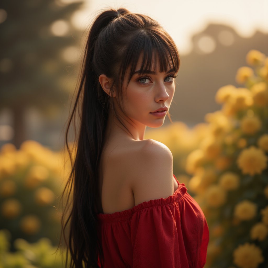 (best quality, 4K, 8K, high-resolution), ultra-detailed, realistic, details, photorealistic, hyper detailed, beautiful woman, blue eyes, long black ponytail with bangs, standing, wearing red off-shoulder dress, garden, yellow flowers, golden hour, photogenicLDG