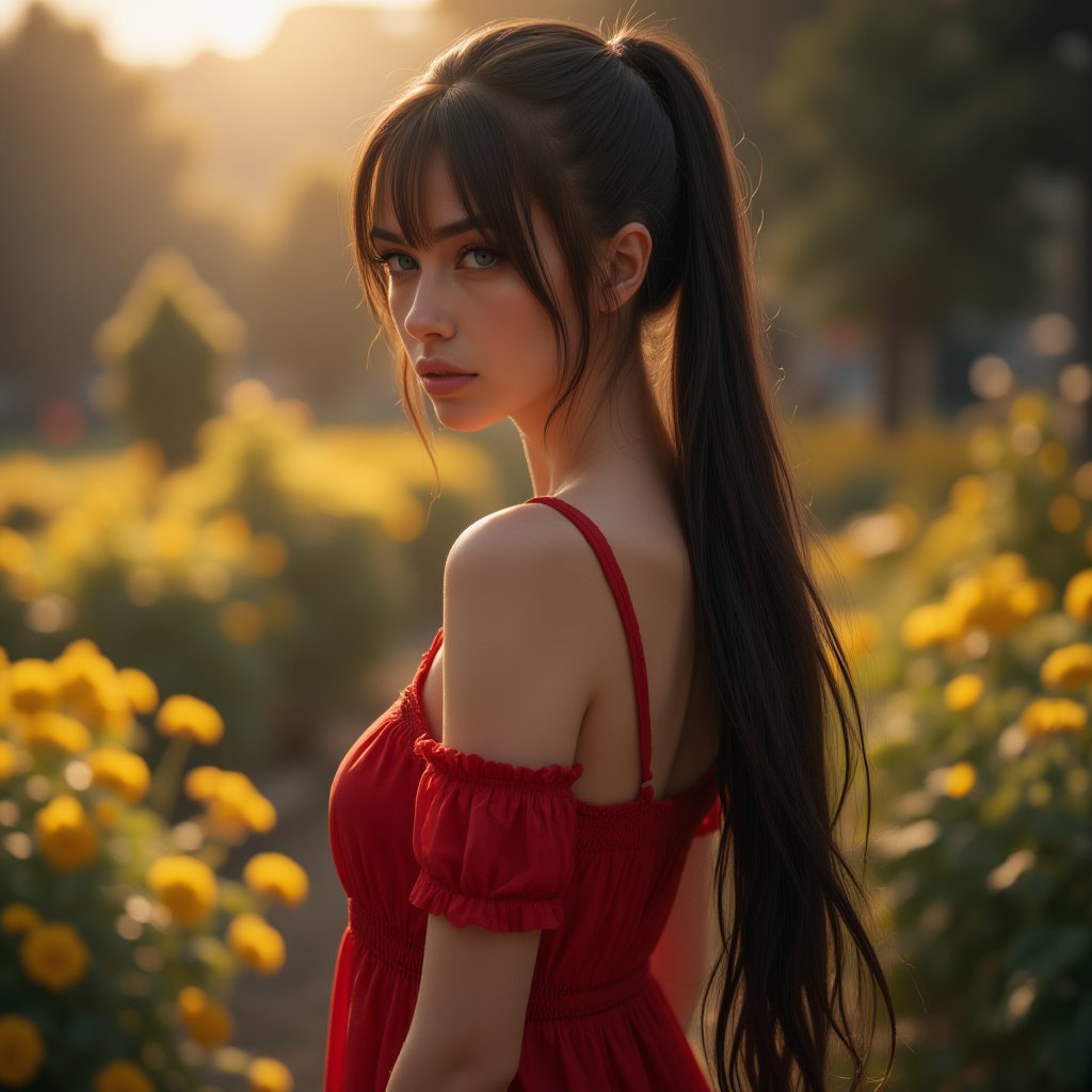 (best quality, 4K, 8K, high-resolution), ultra-detailed, realistic, details, photorealistic, hyper detailed, beautiful woman, blue eyes, long black ponytail with bangs, standing, wearing red off-shoulder dress, garden, yellow flowers, golden hour, photogenicLDG