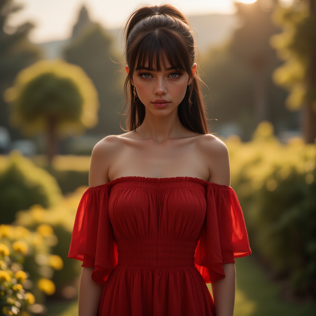 (best quality, 4K, 8K, high-resolution), ultra-detailed, realistic, details, photorealistic, hyper detailed, beautiful woman, blue eyes, long black ponytail with bangs, standing, wearing red off-shoulder dress, garden, yellow flowers, golden hour, photogenicLDG