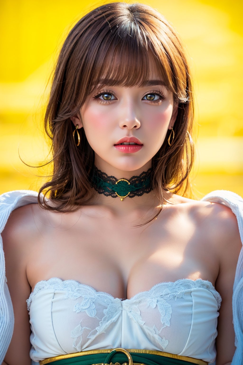 Stunning brunette latina model with brown skin and short braided hair, posing alluringly against a bright yellow backdrop in a 9:16 aspect ratio, dressed in a beautiful white medieval gown with green belt and flower details on the neck. Her piercing brown honey eyes sparkle with happiness, framed by a sharp focus and cinematic lighting mimicking an aperture of f/1.4. Every detail is meticulously rendered: puffy skin texture, highly detailed eyes and face, painted red lips, and subtle eyeliner. She wears a gold bracelet, green choker, earrings, and exudes confidence amidst the soft, warm studio light.