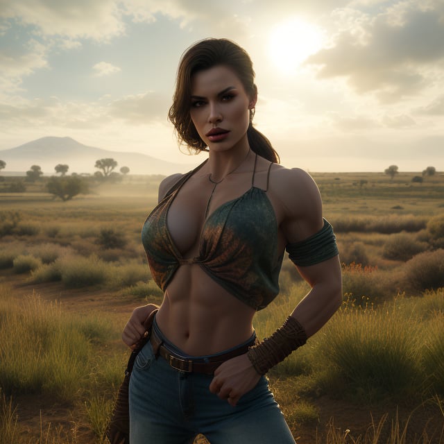 Photorealistic outdoor countryside shot in a wild west setting with fog and mist. A sexy woman wears a wild west blouse with deep cleavage, her muscles stretching the fabric. She has big, hentai-style breasts, vascular arms, a strong neck, and veiny arms. The photo features realistic skin texture and soft natural light, capturing her in a dynamic pose amidst the misty landscape. She displays toned abs, a beautiful face with thick lips and big eyes reflecting the crop field. Her wide shoulders and rounded muscular shoulders complement her big biceps and strong pecs, with detailed lighting highlighting her muscular contours and the intricate details of her veins.