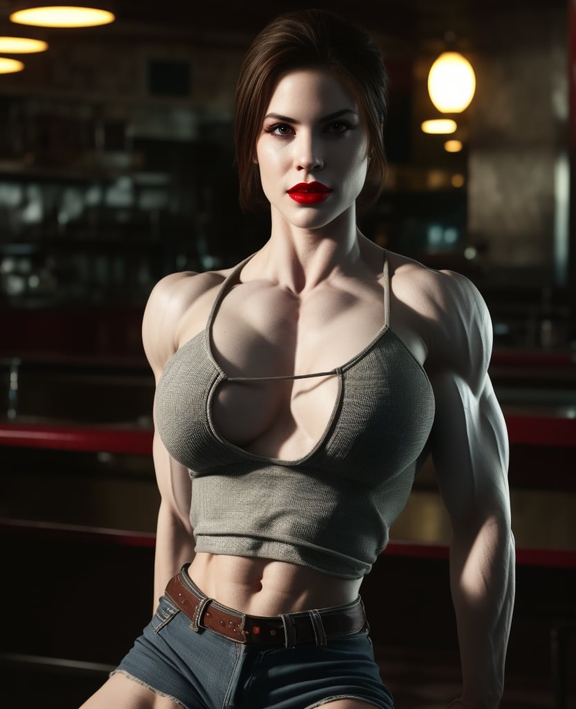 A dynamic, muscular, fit girl in an American diner, styled in a wild west look, making direct eye contact with the camera. She has white, veiny skin with natural texture, showcasing deep cleavage from an unbuttoned tight top revealing large, muscular pecs. The top barely holds her breasts, appearing almost ripped. Her rounded, veiny shoulders and even bigger biceps, along with veiny arms, emphasize her vascular, pinup beauty. The fine details of her skin are highlighted, along with intricate facial features. She sports striking red lips. The lighting is soft, highlighting her curves and muscles, with a retro diner setting in the background.