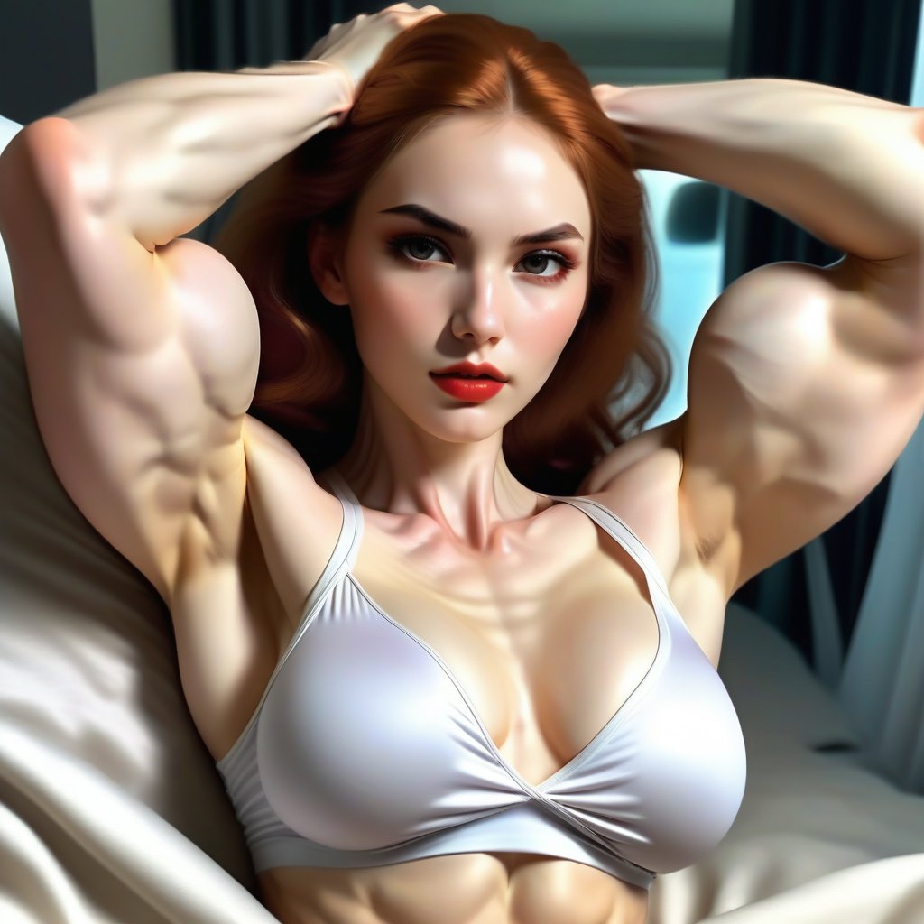 A beautiful girl waking up early morning, captured in a soft, natural look with diffuse light. She wears a white, tight female shirt unbuttoned, stretched by her big biceps and hentai-style breasts, which bulge prominently. The focus is on her biceps, showcasing her pale white, matte skin and prominently veiny arms. The scene is captured in a highly photo-realistic style, emphasizing a natural, less plastic look with minimal shine. Soft, natural light filters through the window, enhancing the veiny, muscular definition of her arms. Her photo-realistic, natural pale white matte skin reveals visible pores, subtle veins, and minor imperfections like freckles and subtle moles, adding to her realistic beauty. The bicep peak is prominently displayed, with an increased density of veins crisscrossing her biceps, emphasizing her muscular definition. Her youthful face features high cheekbones, a strong jawline, and full red lips. Her broad shoulders transition to well-defined arms and a pronounced V-shaped torso, complemented by exaggerated, hentai-style breasts. Toned abs maintain a feminine hourglass shape, as she confidently flexes her veiny, muscular biceps and arms with full power, exuding strength and allure in the dreamy, ethereal setting with a golden glow, captured in a natural, matte finish, with the tight white shirt accentuating her powerful biceps and bulging hentai-style breasts.