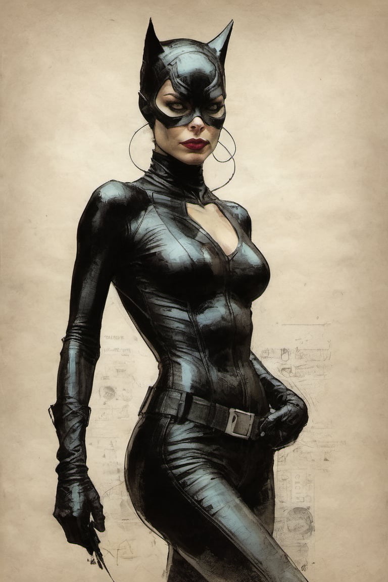 Catwoman suit Marvel character design colorful art by Jeremy Mann and Carne Griffith,  on parchment,  ink illustration by...