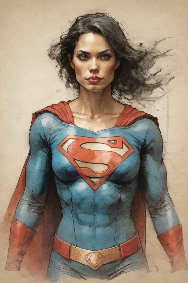 Superwoman suit DC character design colorful art by Jeremy Mann and Carne Griffith,  on parchment,  ink illustration by Da...