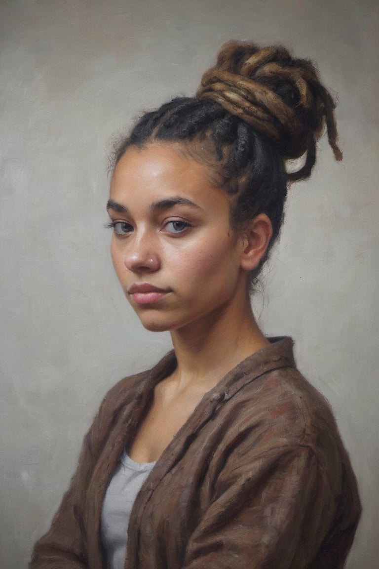 a portrait an beautiful young girl, natural face, bun dreadlocks hair