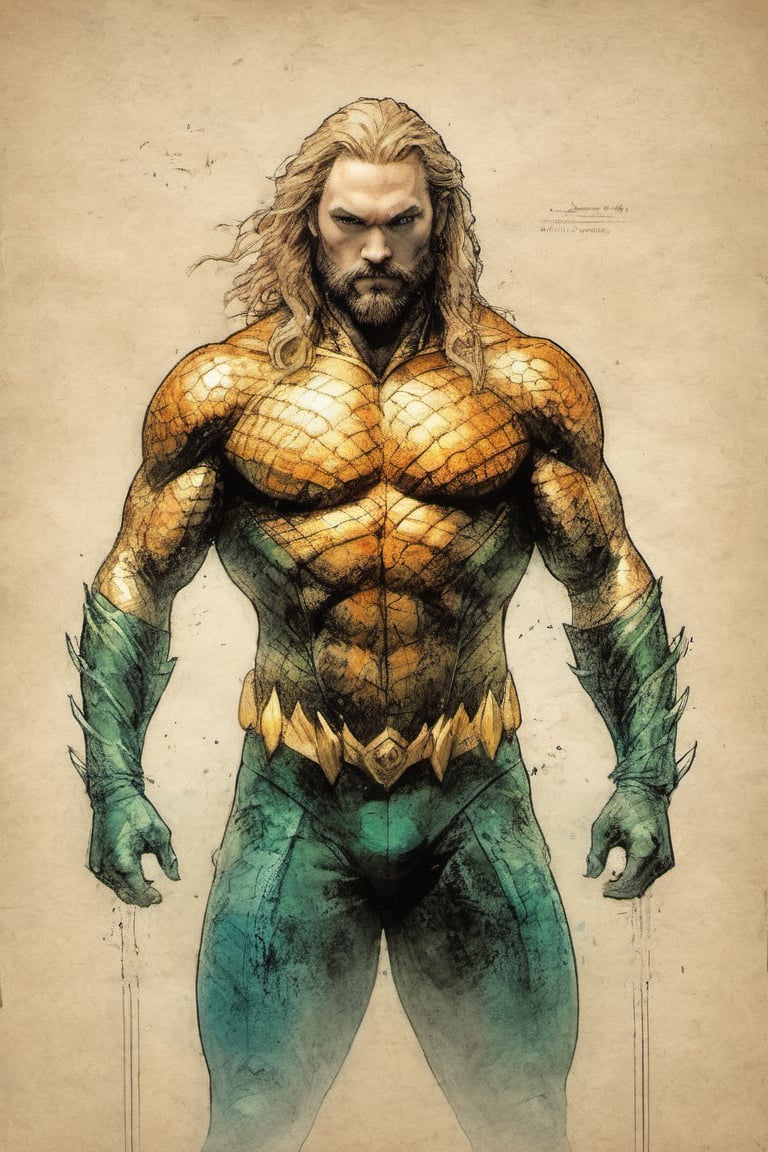 Aquaman suit DC character design colorful art by Jeremy Mann and Carne Griffith,  on parchment,  ink illustration by Dami...