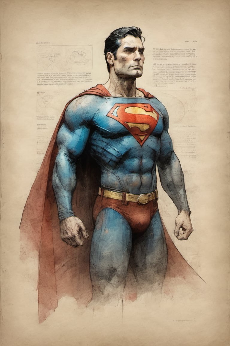 Superman suit DC character design colorful art by Jeremy Mann and Carne Griffith,  on parchment,  ink illustration by Dami...