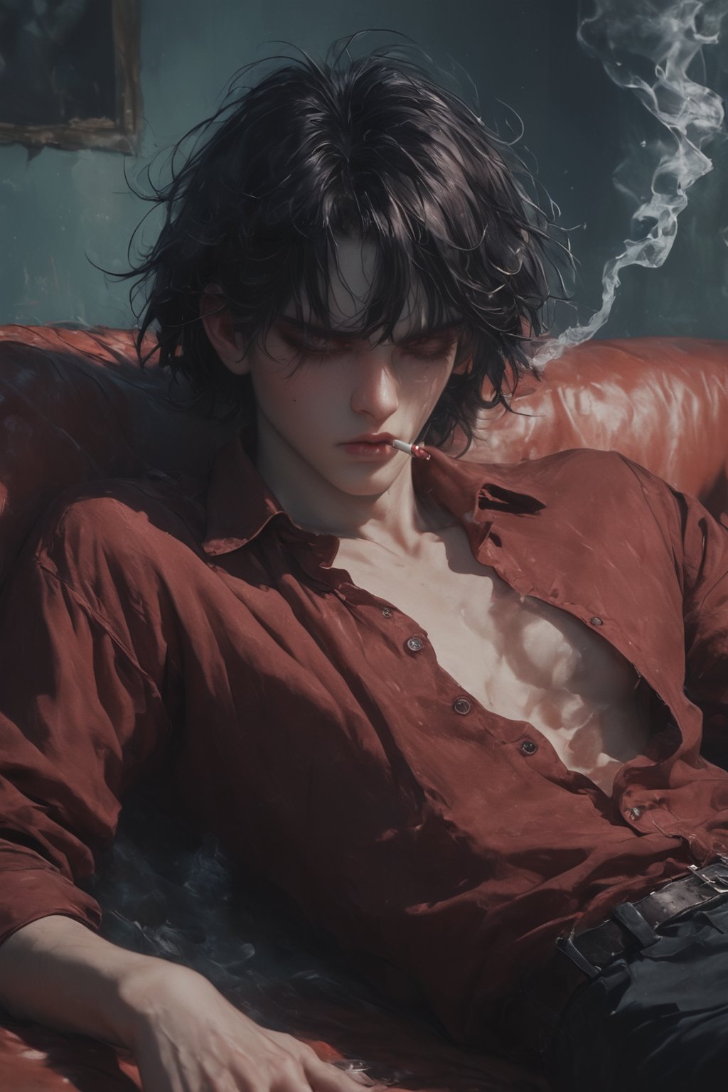 1boy, solo, messy hair, shirt, black hair, red-tone highlight hair, golden-red hue highlight, holding, sitting, closed mouth, closed eyes, attitude, red shirt, open shirt, male focus, lying, indoor, on back, shirt, red couch, smoke, cigarette, smoking, holding cigarette,score_tag, sunset light, twilight lights, dramatic light, retro light, raw photo, ultra detailed, hyper realistic, detailed photo, photoshoot,more detail XL