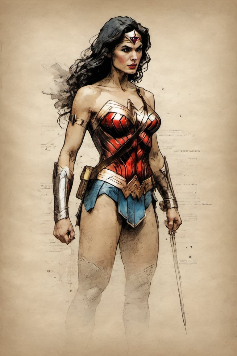 Wonderwoman suit DC character design colorful art by Jeremy Mann and Carne Griffith,  on parchment,  ink illustration by D...