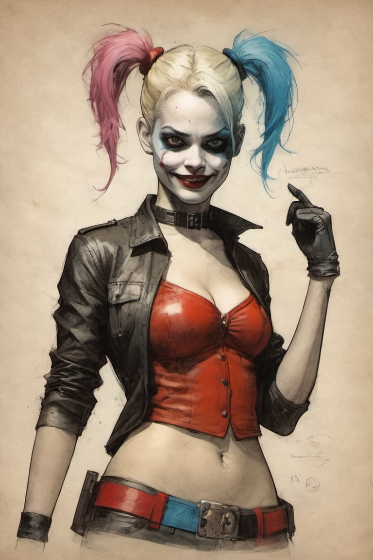 Harley Quinn suit DC character design colorful art by Jeremy Mann and Carne Griffith,  on parchment,  ink illustration by...