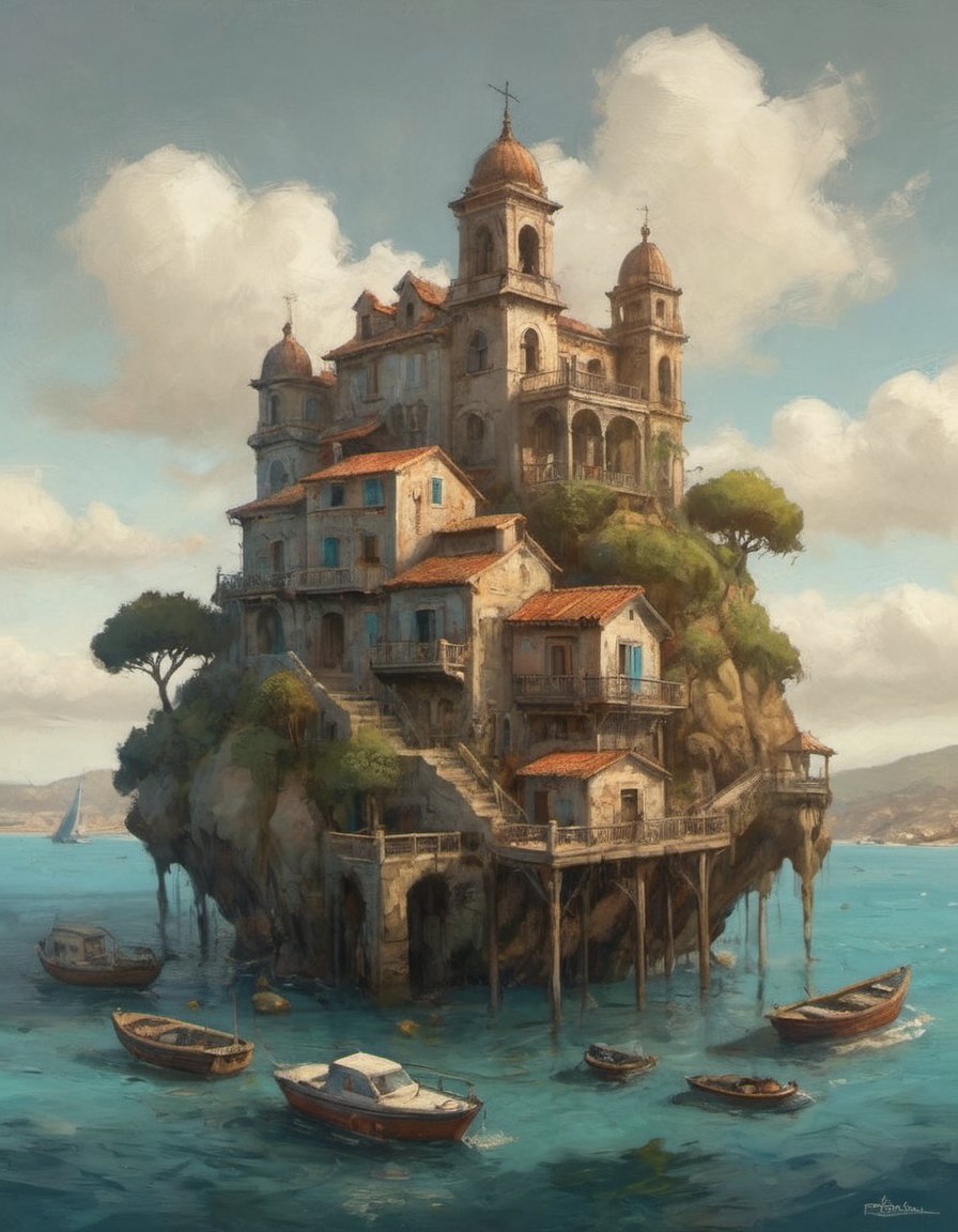 by Alejandro Burdisio coastal town dwelling in mediterranean biome Cel Shaded Art 2D flat color toon shading cel shaded style  neo-expressionism