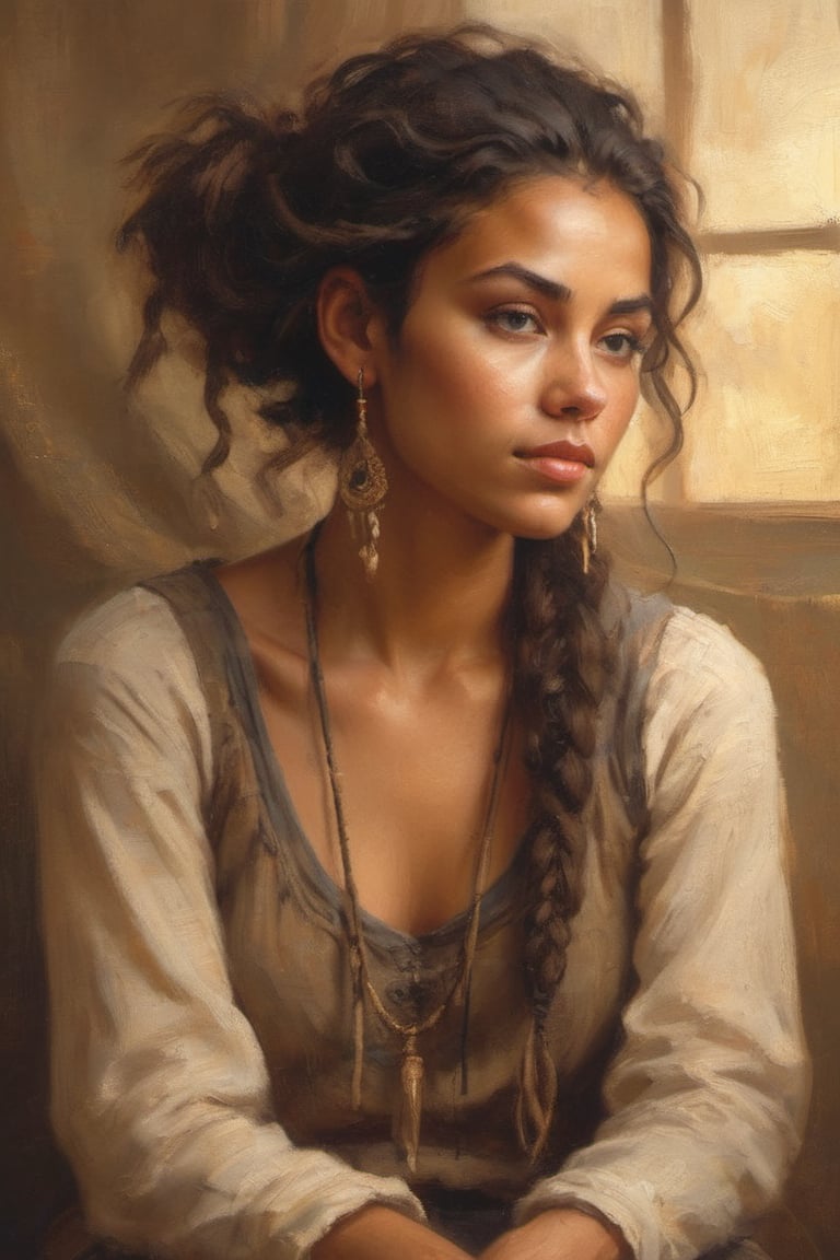 A serene and alluring Gypsy girl sits confidently in a warm, golden-lit studio setting. Her radiant complexion glows against the soft focus background, while her striking feature is framed by a messy bun of tangled dreadlocks that cascade down her back like a waterfall of dark, rich silk.