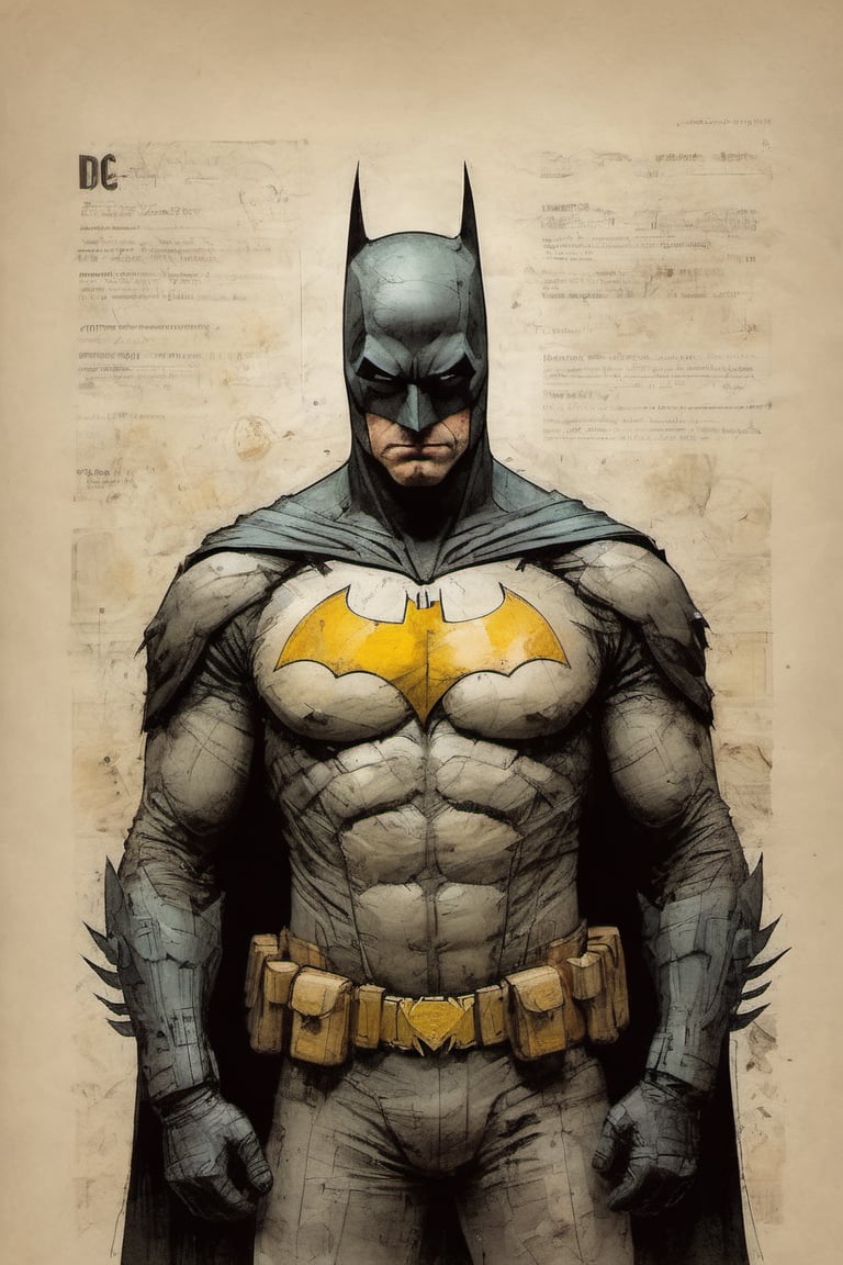 Batman suit DC character design colorful art by Jeremy Mann and Carne Griffith,  on parchment,  ink illustration by Dami o...