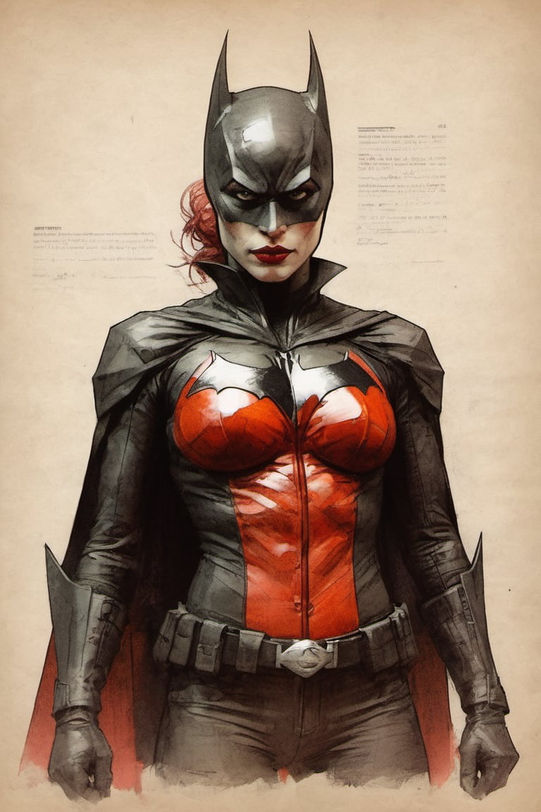 Batwoman suit DC character design colorful art by Jeremy Mann and Carne Griffith,  on parchment,  ink illustration by Dami...