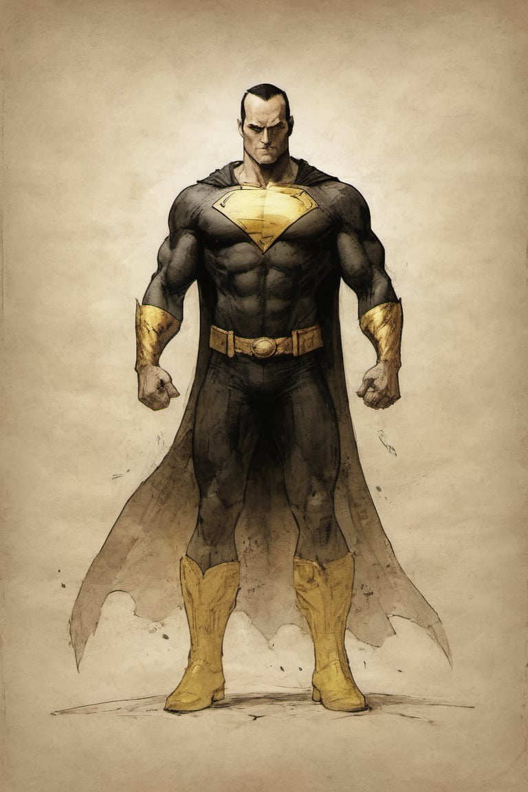 Black Adam suit DC character design colorful art by Jeremy Mann and Carne Griffith,  on parchment,  ink illustration by Da...