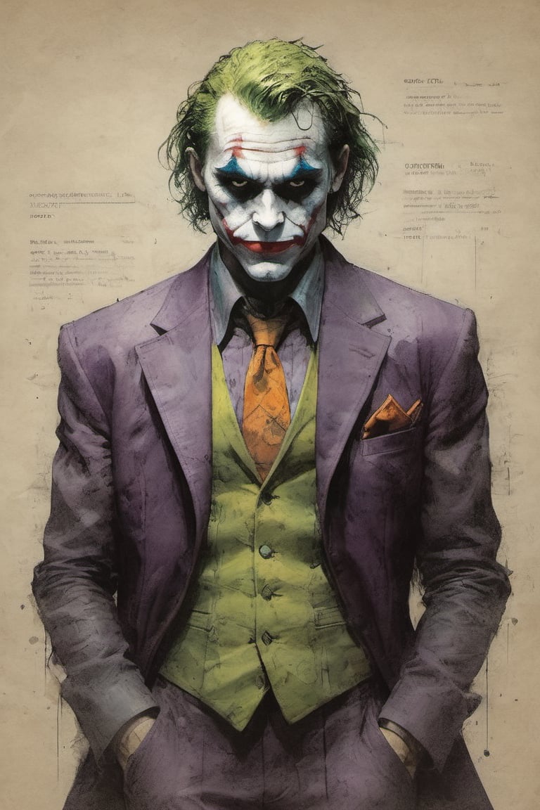 Joker suit DC character design colorful art by Jeremy Mann and Carne Griffith,  on parchment,  ink illustration by Dami on...