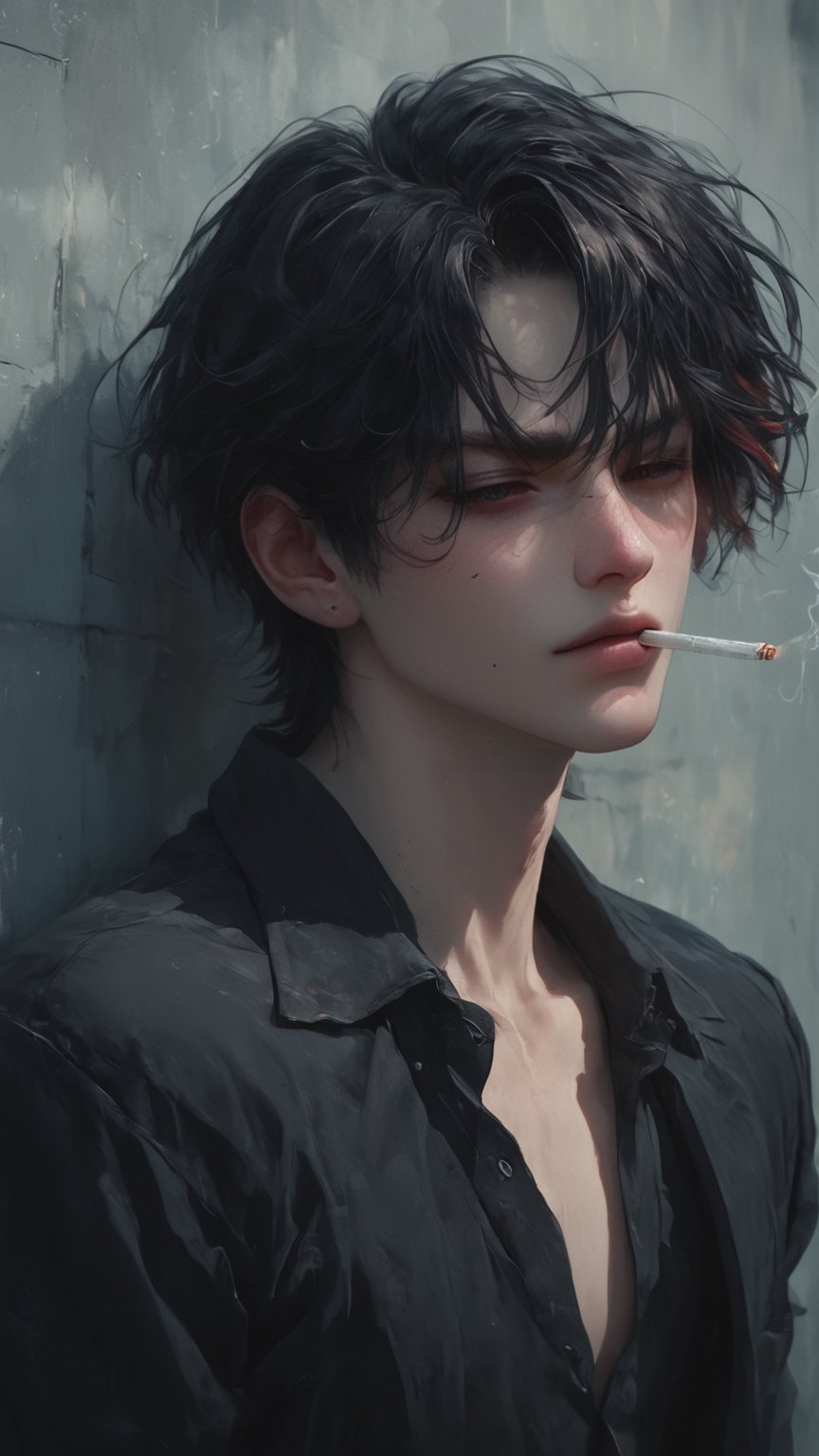 Moody solo portrait of a boy with messy black hair and striking golden-red highlights. He stands against a white wall, shirt open to reveal a hint of chest, cigarette dangling from his lips as he exhales smoke into the twilight air. The sun's warm glow casts long shadows across his face, eyes closed in a rebellious pose. The soft focus and blurred background accentuate the boy's rugged attitude.