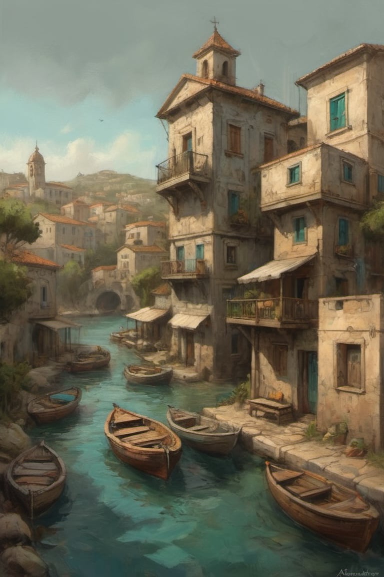 by Alejandro Burdisio coastal town dwelling in mediterranean biome Cel Shaded Art 2D flat color toon shading cel shaded style  neo-expressionism