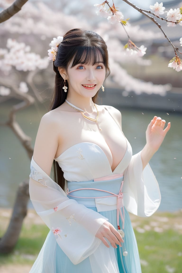  A girl,skirt,jewelry,long_hair,necklace,earrings,perfect body,standing,large breasts,looking at viewer,chinese clothes,china dress,hanfu,cherry_blossoms,in spring,sunny,sunny,wind,cloud,bright, nicehand,BREAK,photorealistic,score_8_up,source_real,score_7_up,score_9