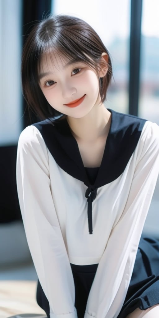 1 girl, 18 years old, open mouth, smile, short hair, (droopy eyes), very cute face, slender figure, semi-mature body, round face, edge light, blurred background, plump cheeks, slightly black skirt, sailor girl, chest curtain, JK, 1 girl,<lora:659111690174031528:1.0>