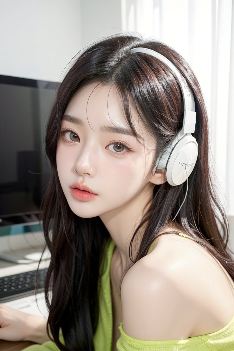 A beautiful Korean girl wearing a green shirt, wearing pinky gaming headphones, playing computer games, 28 years old, elegance,  one shoulder, sitting on an office chair, holding her cheek with one hand, black super long hair, clear hair, tired expression, Look at the lens lazily, super wide angle, backlighting, light and dark effects, realistic style,