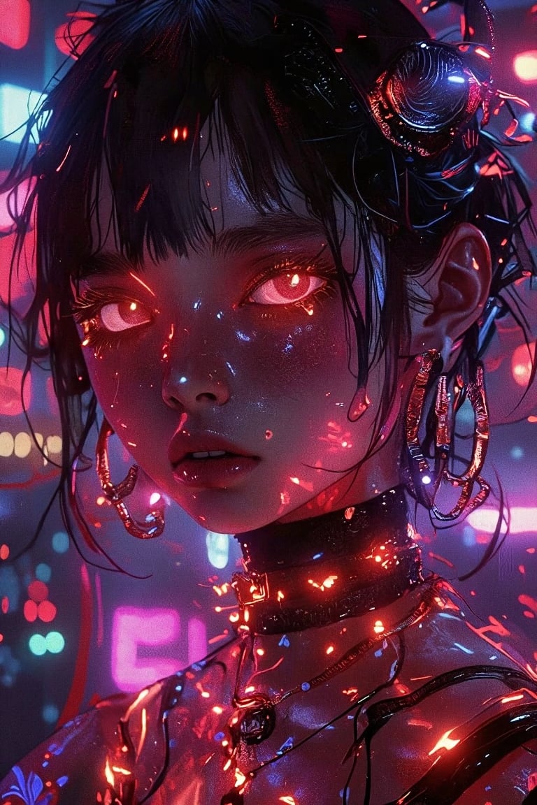 a close up of a woman wearing a shiny top and a choke, ross tran 8 k, glowing magical shiny skin, by Russell Dongjun Lu, beautiful digital artwork, brandon woelfel, ross tran style, bright cyberpunk glow, dreamy cyberpunk girl, artem demura beeple, cyberpunk vibes, in the style of ross tran, by Yanjun Cheng,Junji Ito,FantaVin Anime Art 