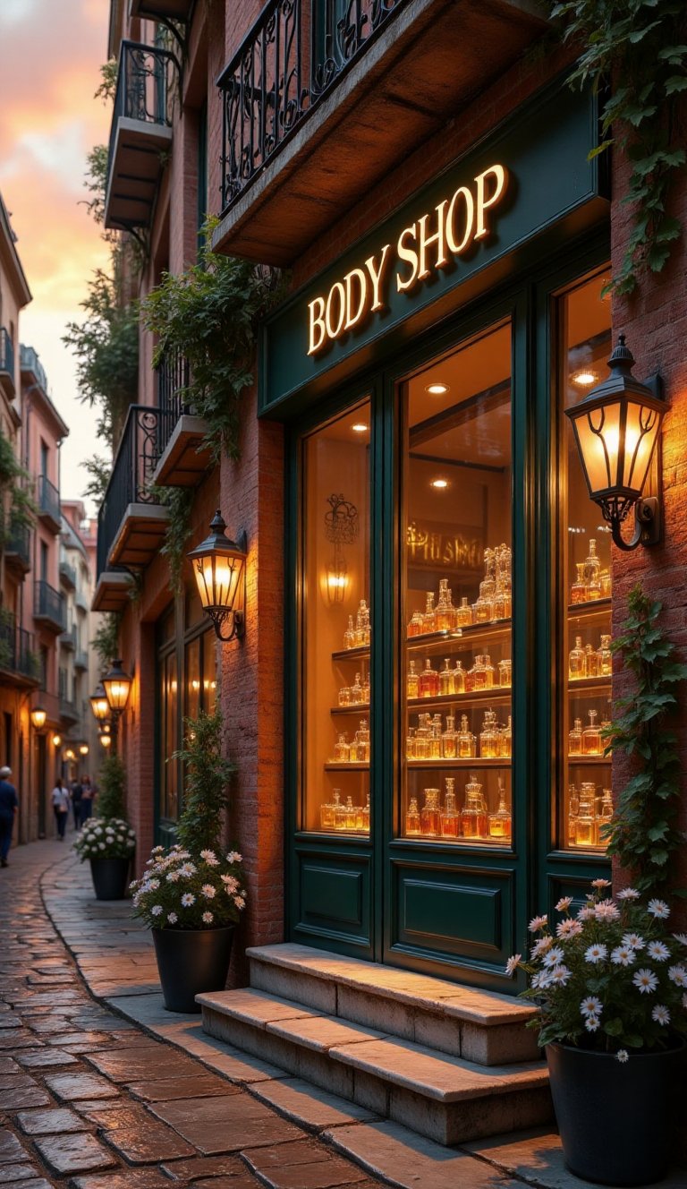 An elegant exterior view of a charming perfume shop,  *BODY SHOP*,  elegantly displayed in gleaming golden Sans Serif font...