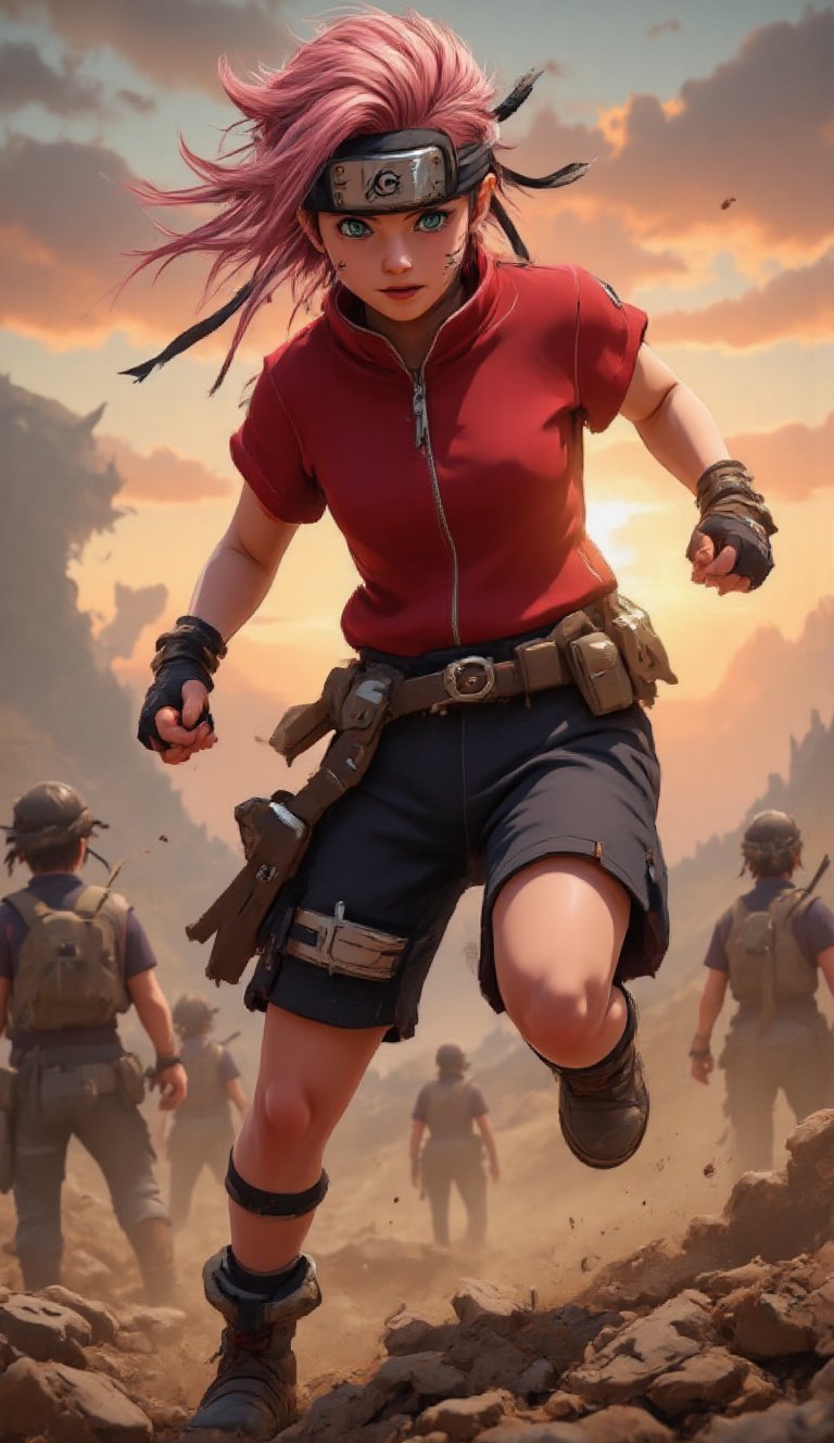Capture Sakura Haruno in a hyper-realistic,  cinematic portrait,  clad in her iconic crimson qipaku top and navy shorts by...