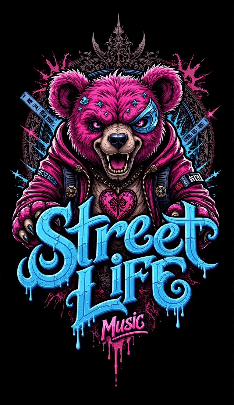This vibrant graffiti-style digital artwork features a bold,  neon color palette of hot pink,  electric blue by Miya_Qisti...