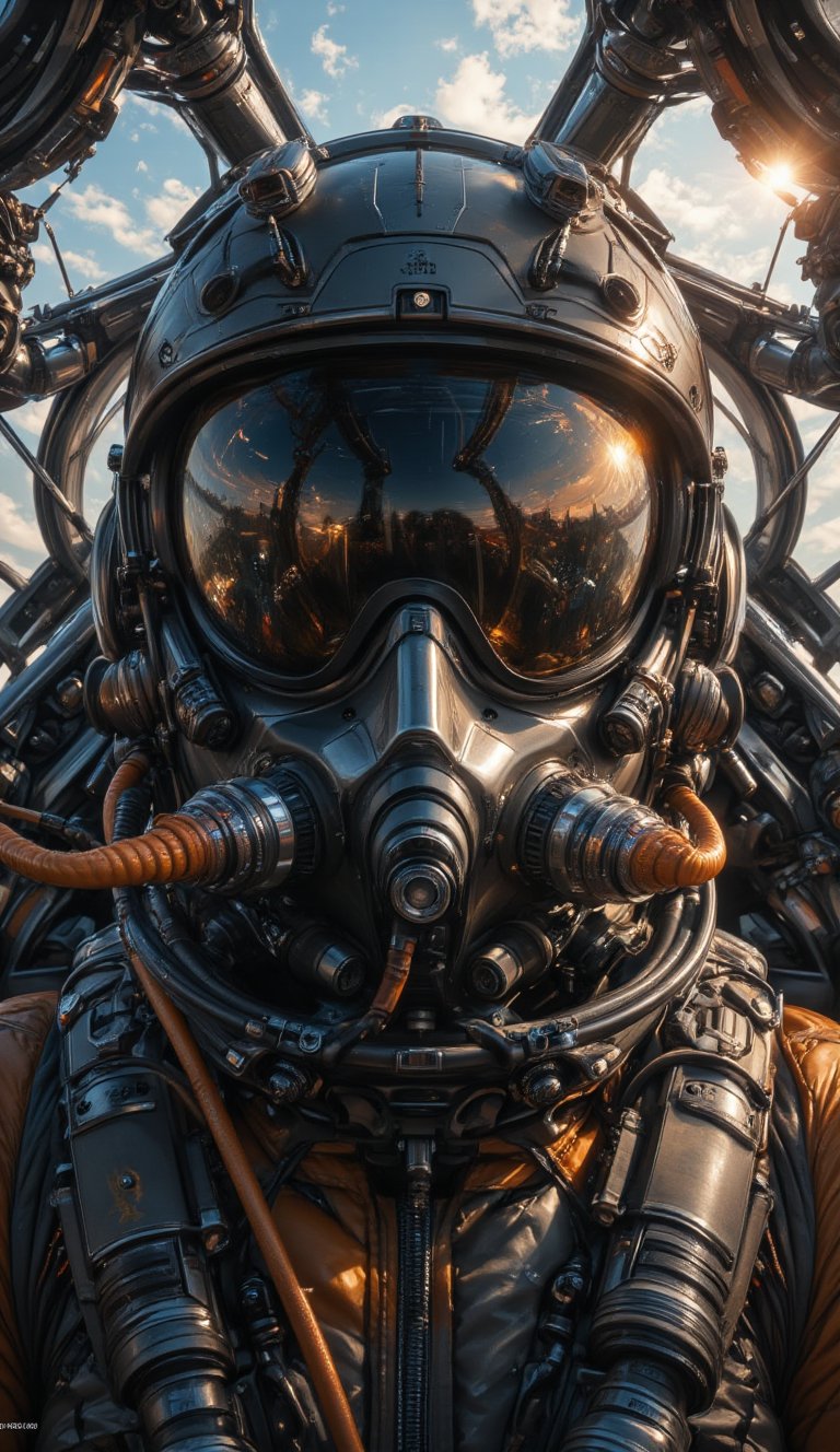 Niji-style anime illustration in a dynamic, high-energy scene, inspired by  Kaisen anime : Extreme close up,frontal view,a fighter jet pilot in matte black fighter jet helmet with shiny black tint visor,attached to breathing apparatus,intricate  fighter jet cockpit  interiour background.,Midjourney_Whisper,NijiXmiya