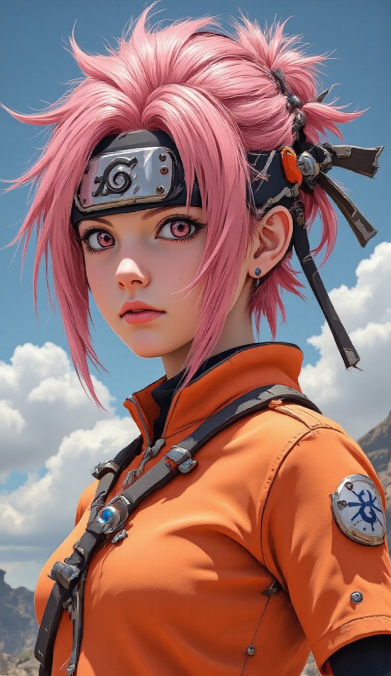 A close-up,  upper-body composition captures Sakura Haruno mid-action,  her iconic pink hair whipping dynamically against...